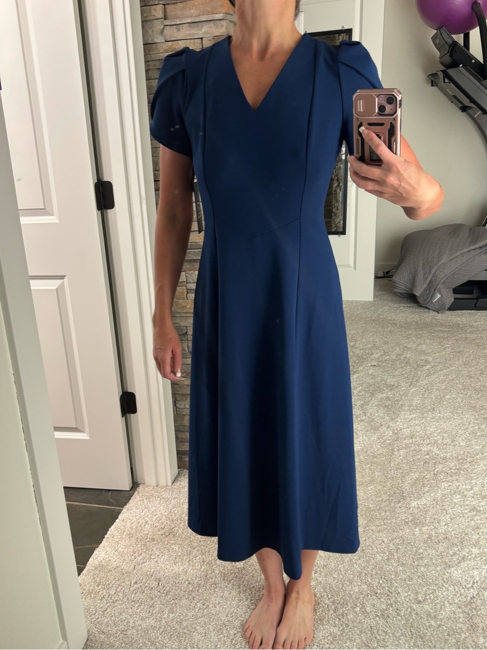 Andrew Marc Classic Navy V-Neck Midi Dress with Puff Shoulders